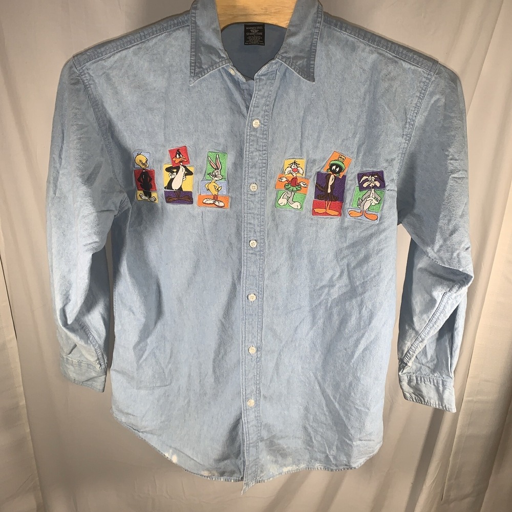 VTG 90s Looney Tunes Warner Bros. Studio Store Mix Ups Denim Button Up Shirt‎ L